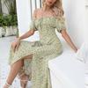 Повседневное платье с цветочным принтом и высокой талией, летнее сексуальное платье А-силуэта с коротким рукавом и разрезом, вечернее платье для женщин 2023 года, модные платья 25280