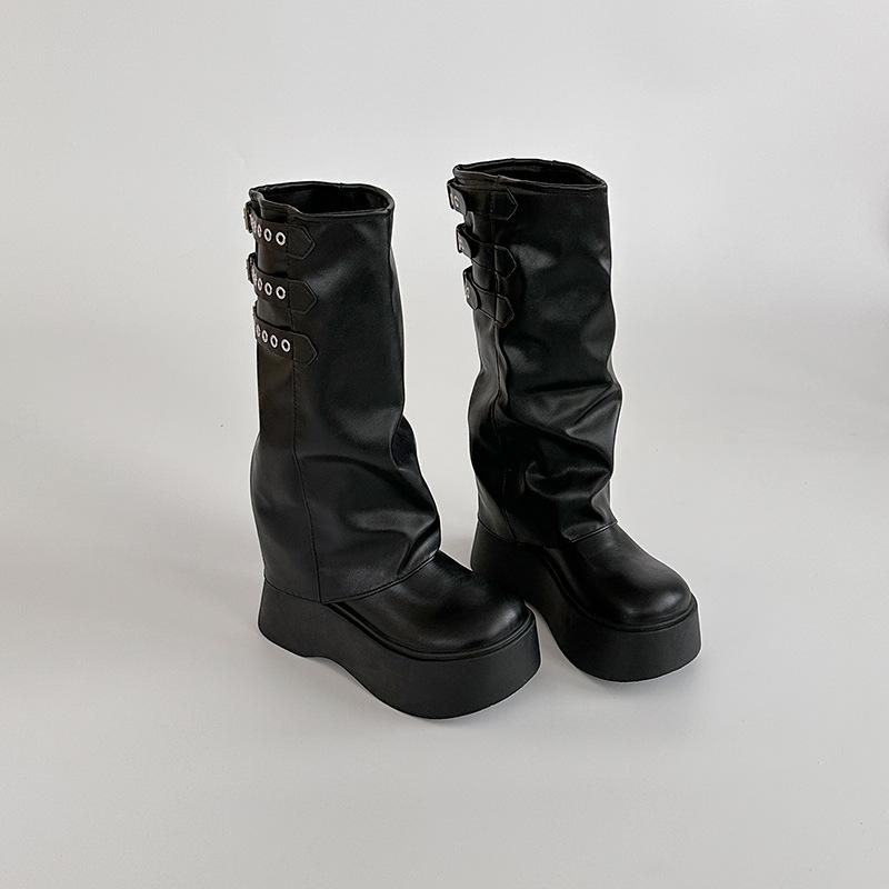 Нишевая пряжка ремня классическая мода толстая подошва увеличивающие брюки ботинки женские 2025 осень и зима новые но до колена рыцарские ботинки