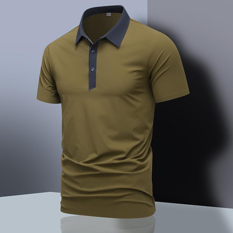 Men's Blue Color Contrast Dark Collar Short Sleeve Chiffon Business Polo Shirt