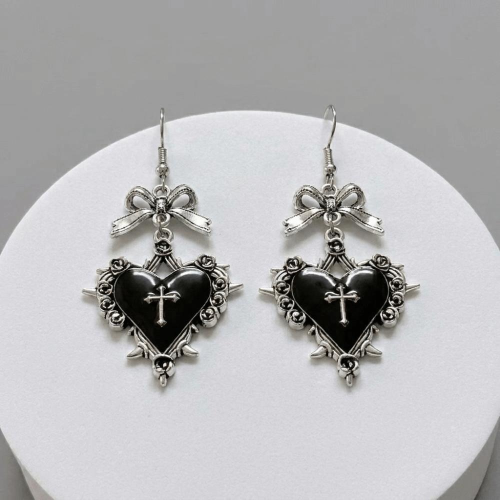 Silver Heart Cross Earrings Red Enamel Halloween Dangle Earrings Thorn Rose Drop Earrings Party