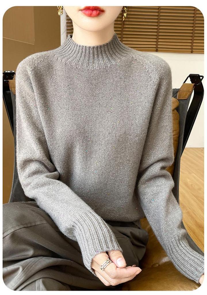 2024 Autumn/Winter High Neck Beaded Wool Sweater - Long Sleeve, Loose Fit