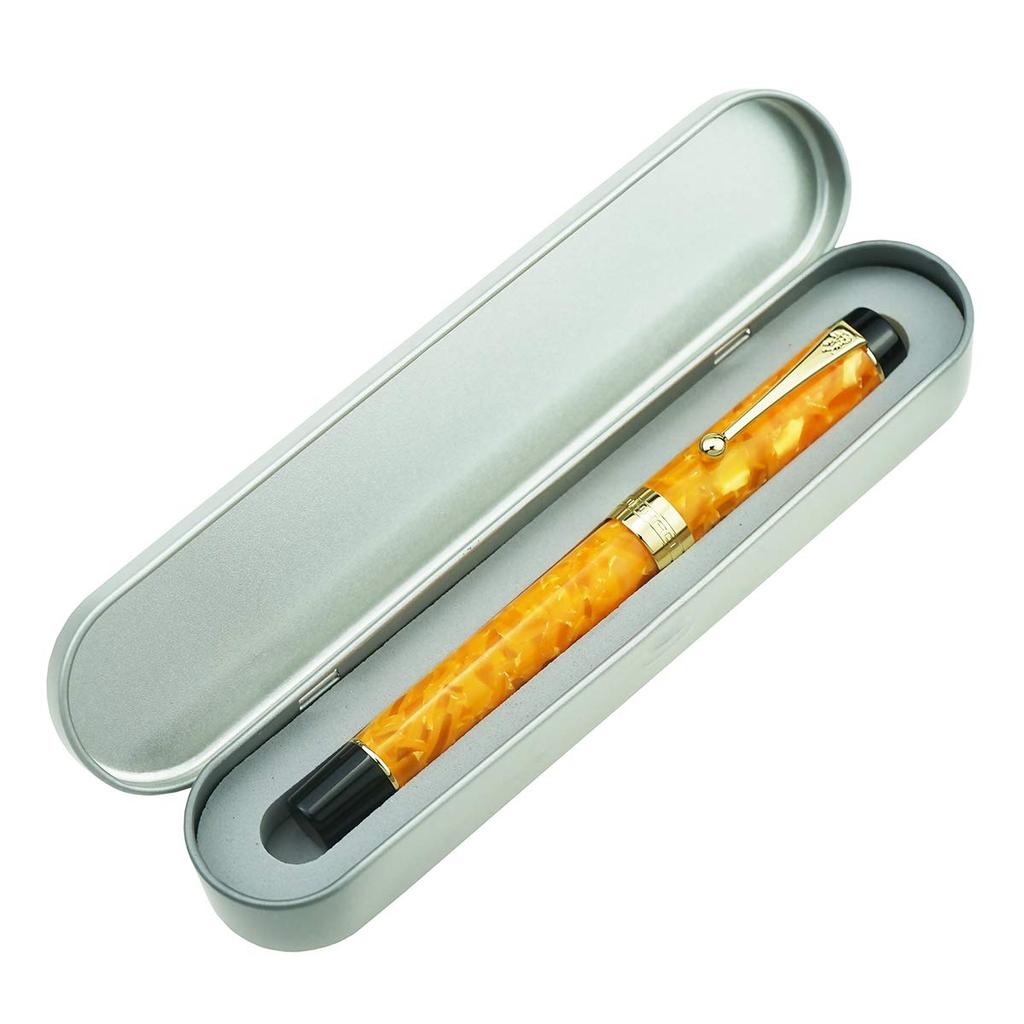 Jinhao 100 Classic Fountain Orange Marble Medium with Converter and Pen Case Set (Jinhao) Pen, Celluloid, Nib,