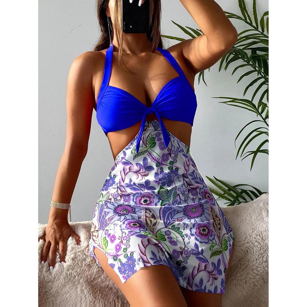 Купальник женский сплит-принт сексуальная тройка платье Холтер шеи цветочные комплекты бикини