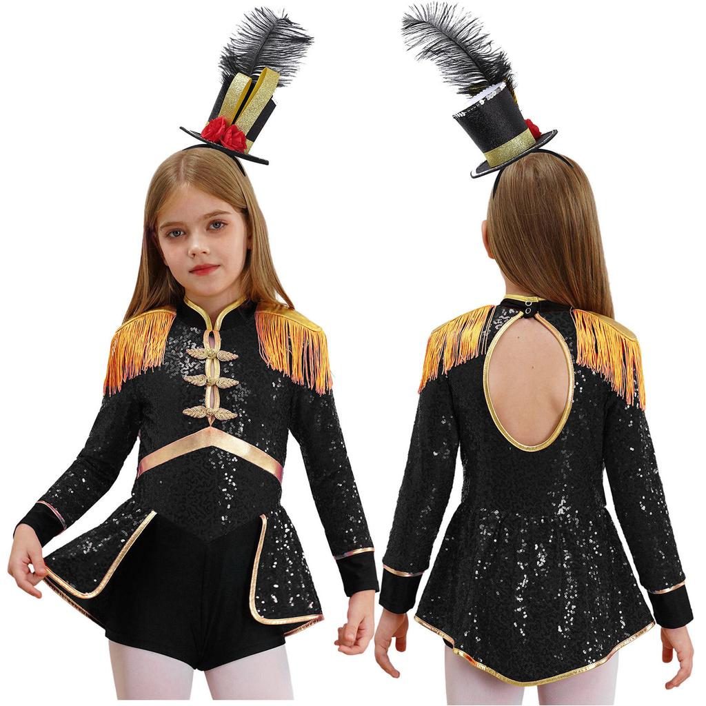 Girls Circus Drummer Costume Long Sleeve Sequined Bodysuit Fringe Epaulet Shoulder Mini Top Hat Accessory