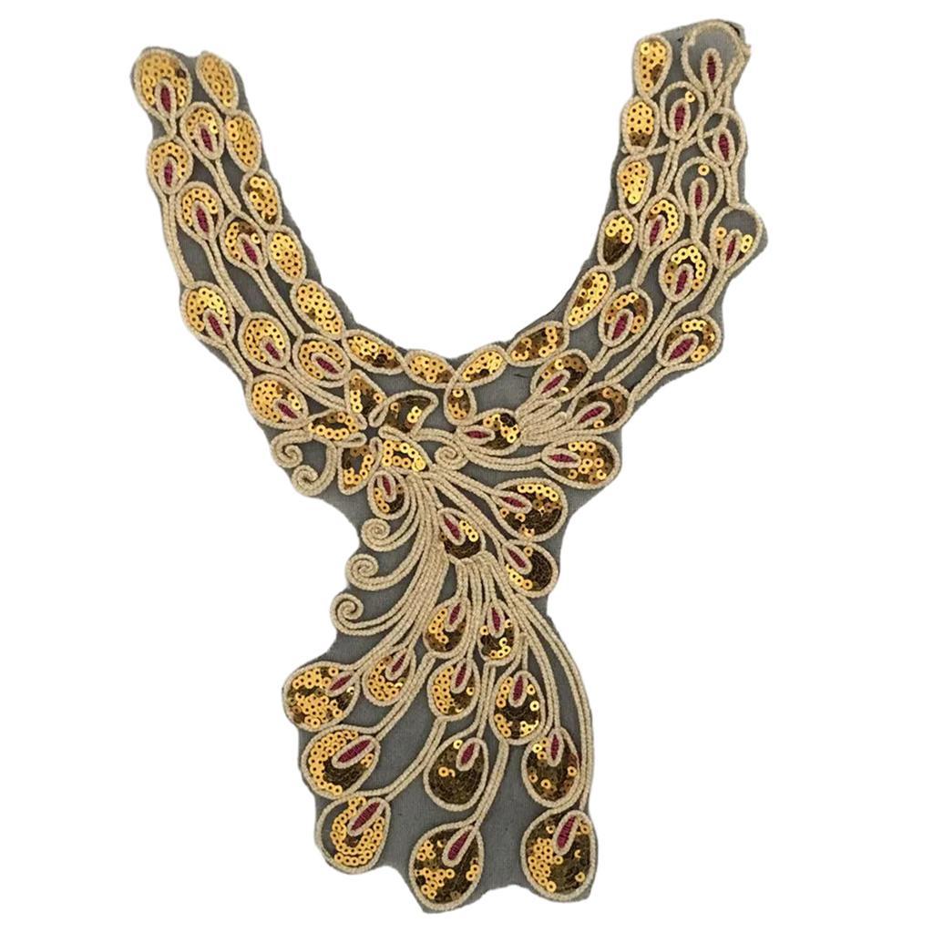 Elegant Embroidered Lace Collar Neckline Appliques Trim with Sequins Ethnic Style Sew On Patches for Fashionable Women