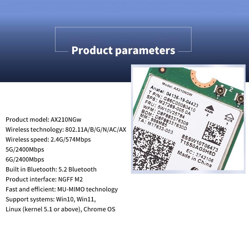 Для ноутбука ПК Wi-Fi 6E Ax210 Bluetooth 5.2 M.2 Беспроводная карта Ax210Ngw 2,4 ГГц 5 ГГц 6 ГГц 5374 Мбит/с 802.11Ax Ax200 Адаптер