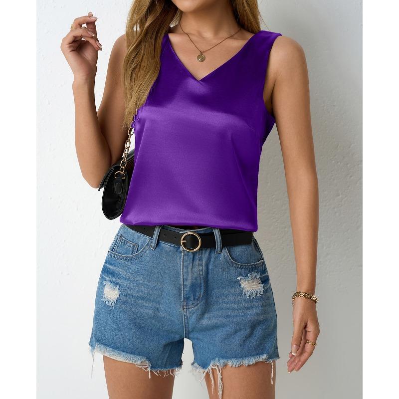 Women's Spring Summer Satin Vest V-neck Casual Halter Vest Sleeveless Shirt