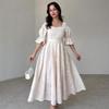 2024 European & American Summer Women's French Tea Break Dress: Elegant Long Solid Color with Square Neck & Puff Sleeves.