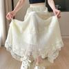 Women's Spring Lace Paneled High-Waist Tiered Cake Maxi Skirt - Slim-Fit with Ruffled Trim & Sweet Romantic Aesthetic