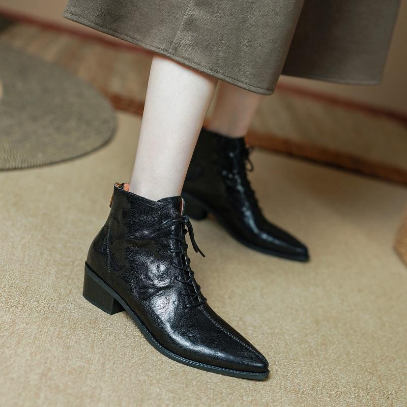 2024 New Autumn Lace-up Women Boots Pointed Toe Chunky Heel Boots Genuine Leather Shoes for Women Concise Black Ankle Boots
