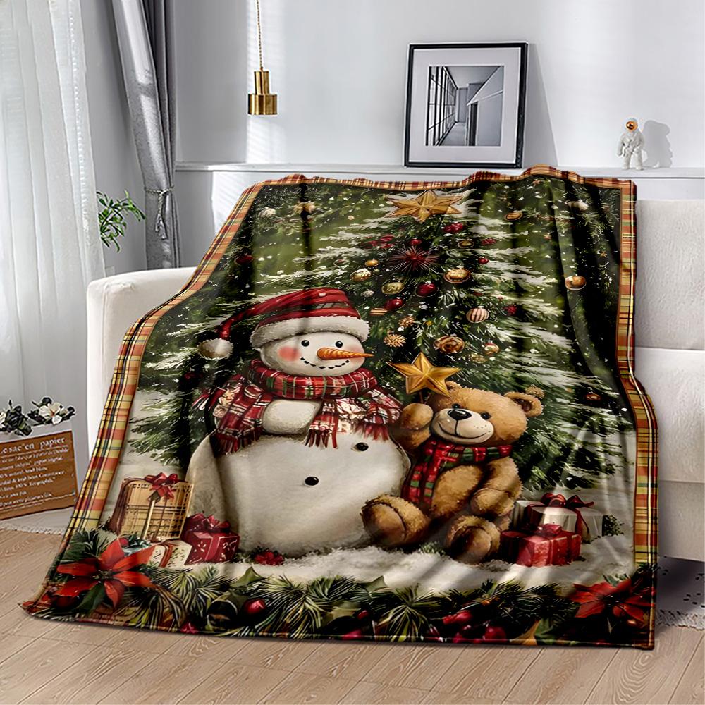 Christmas Snowman And Bear Flannel Blanket,Lightweight,Office Blanket,Sofa Blanket,Comfortable Blanket