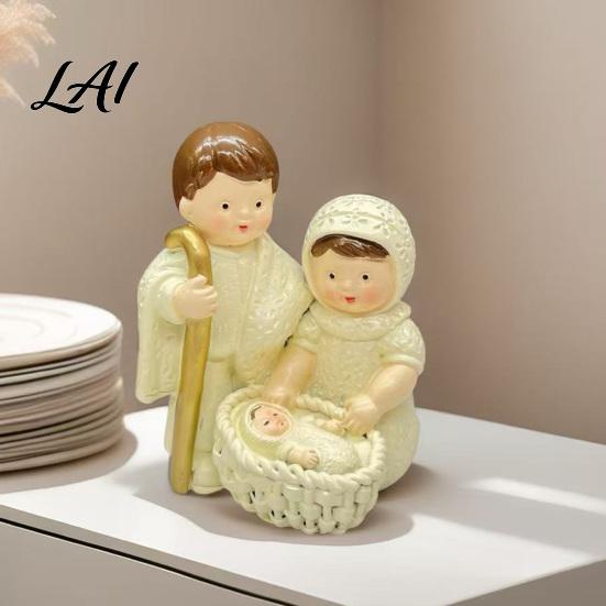 Miniature Holy Family Resin Figurine Cute Cartoon Nativity Scene Ornament for Christmas Decor Desktop Shelf Decoration Hand Painted Parents and Kid