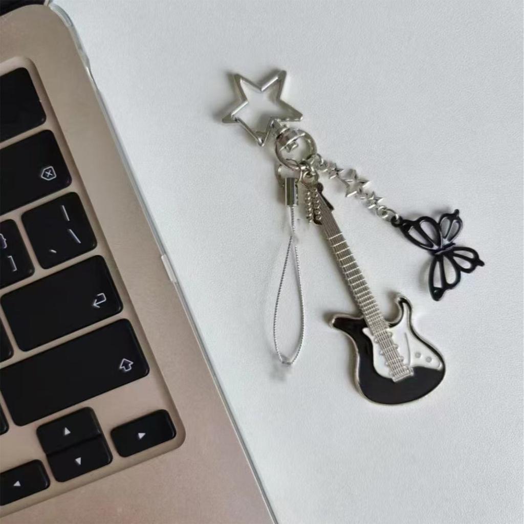 Брелок ручной работы со звездой и пряжкой, стильная телефонная цепочка, электрогитара и черная подвеска в виде бабочки для любителей музыки