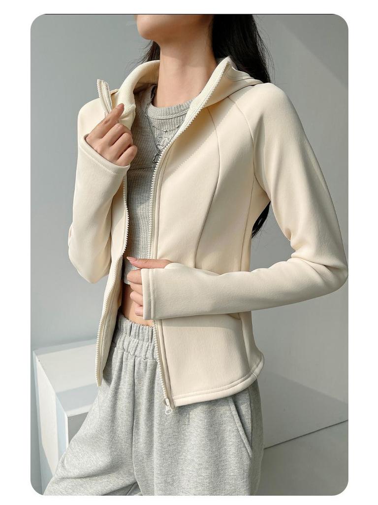 Женская облегающая куртка для йоги с капюшоном H675 - осенне-зимний бархат, утолщенная, ветрозащитная, теплый верх