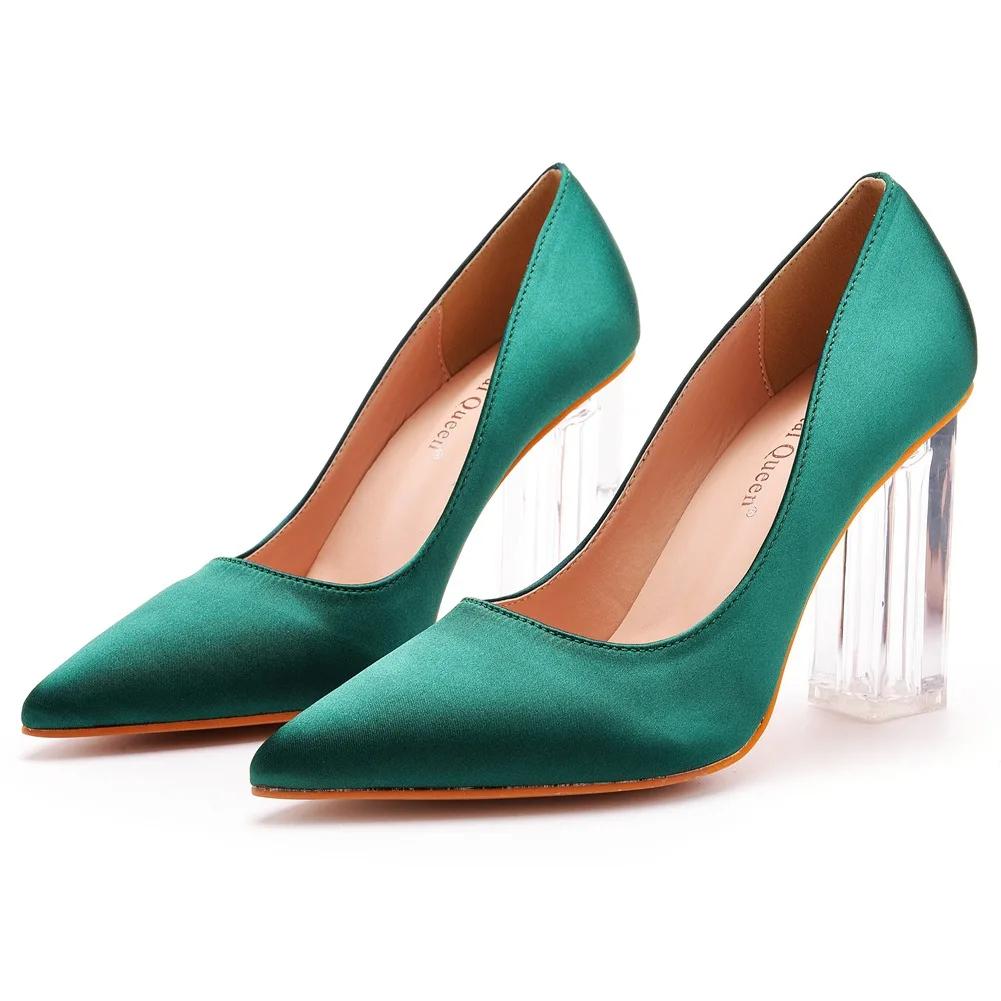 Женские туфли на каблуках с прозрачным каблуком и острым носком для женского танца, шелковое атласное платье невесты, свадебный банкет и женская обувь