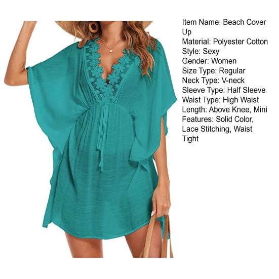 Женское пляжное платье с v-образным вырезом и кружевной отделкой, с половиной рукавом, сплошное цветное облегающее струящееся бикини с талией для плавания