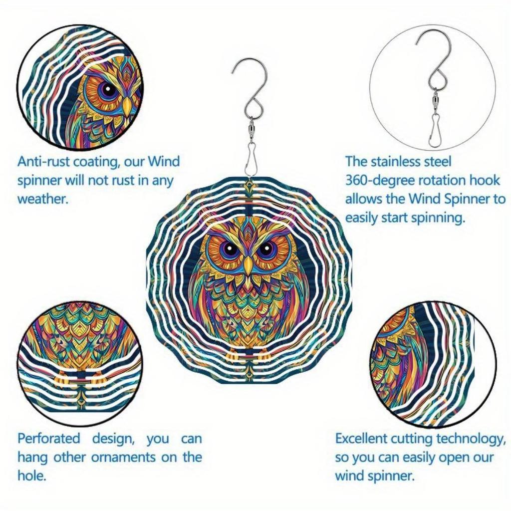 Яркий расписанный вручную колокольчик-ветер в виде совы, 3D металлический садовый декор, красочное подвесное украшение для улицы с поворотным крючком, идеально подходит для Дня благодарения