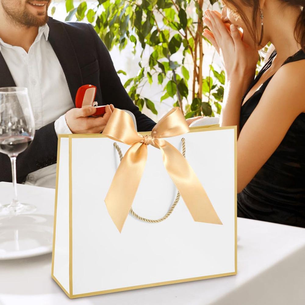 10pcs Elegant Gift Bags with Golden Bow Ribbon and Handles Gift Bags Gift Packing Bag for Wedding Birthday Housewarming Gifts White with Golden Border