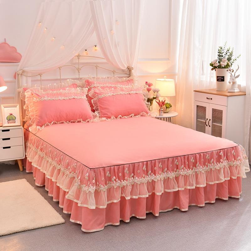 3 шт. Постельные принадлежности Юбка-кровать Наволочка Кружевная юбка-кровать Четыре сезона Благоприятное для кожи кружевное нескользящее покрывало в стиле принцессы Защитный чехол для матраса