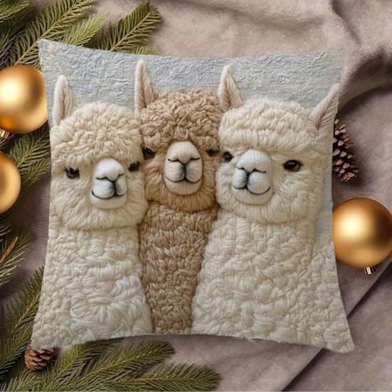 Alpaca Pillow Cover Imitation Embroidery Alpaca Pattern Pillowcase Rustic Throw Pillow Cover for Sofa Couch Bedroom Living Room Car Decor
