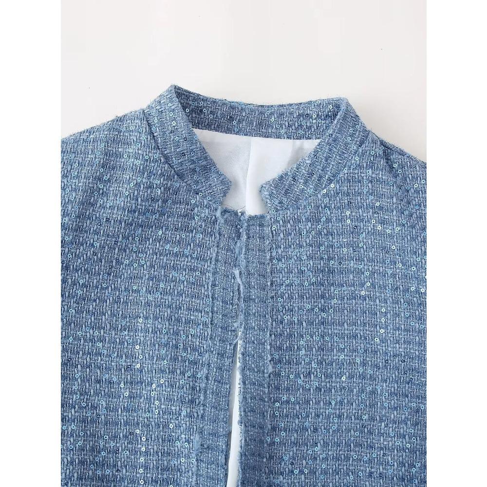 Женская короткая куртка с пайетками, воротником-стойкой, длинными рукавами и карманами, весна и осень, новый женский шикарный кардиган