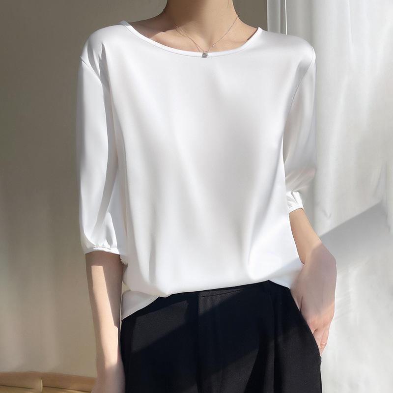 Breathable Silk Women's Round Neck Loose Solid Color Acetate Satin T-Shirt (2024 Spring/Summer Collection)