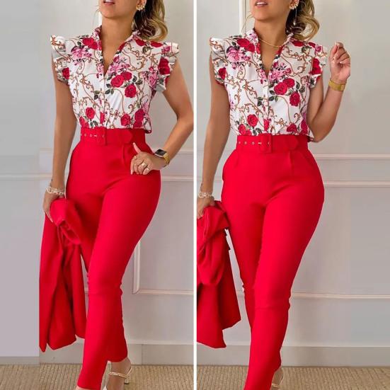 2 шт./компл. летние наряды с v-образным вырезом на пуговицах и высокой талией с рюшами на рукавах и принтом, повседневная одежда, одинаковый пояс