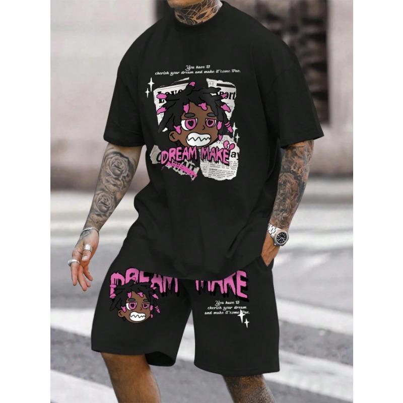 Мужская повседневная летняя футболка с круглым вырезом, рисунком в виде персонажей мультфильмов и букв, короткими рукавами и шортами на завязках