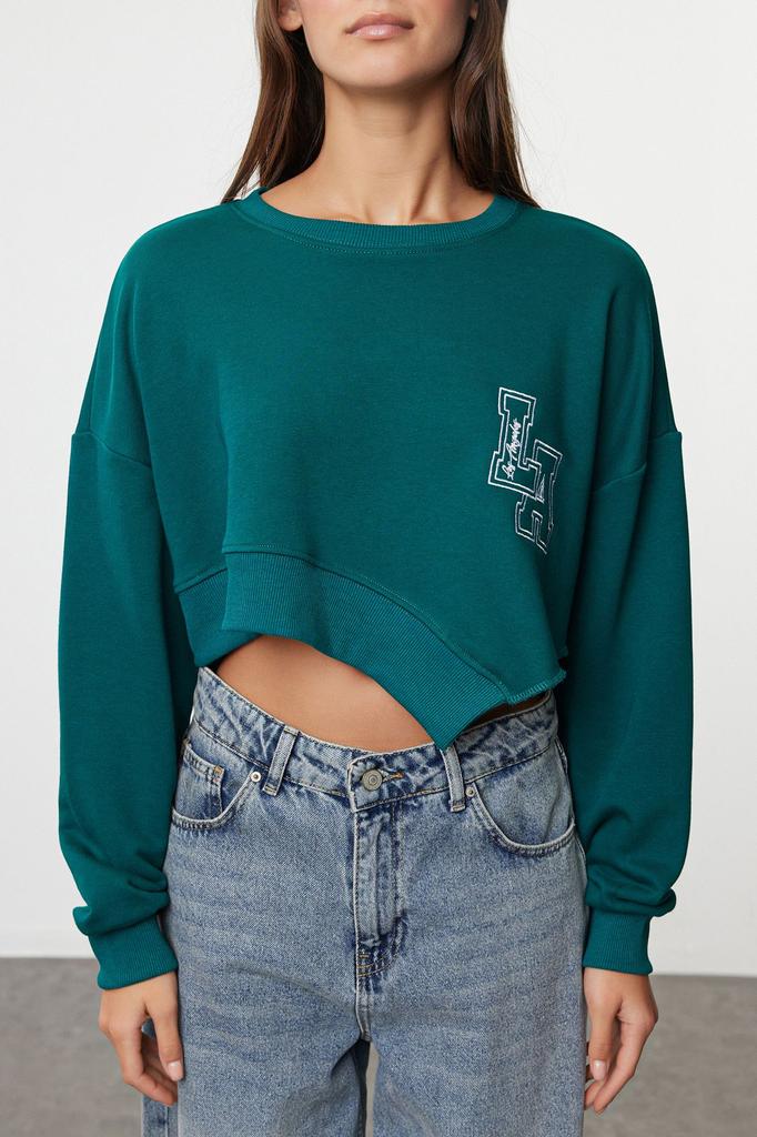 Women's Fashionable Stylish Sweatshirt Emerald Green Oversize Wide Fit Asymmetrical Crop Thick Knitted Sweatshirt