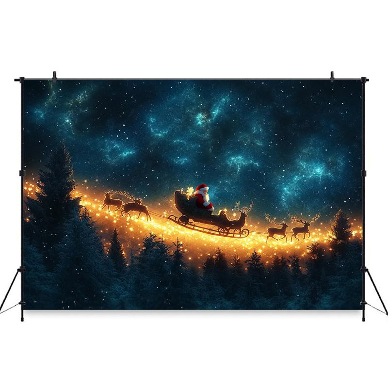Mocsicka Christmas Photography Background Night Starry Sky Moon Forest Tree Decoration Santa Claus Children Party Photo Backdrop