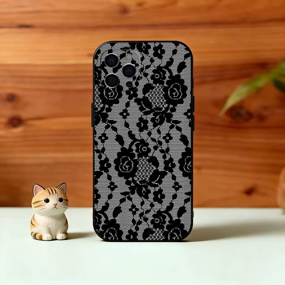 Черный чехол с кружевным принтом для iPhone 17,16,15,14,13,12,11 Plus,Pro Max,XS,Мягкий силиконовый черный чехол