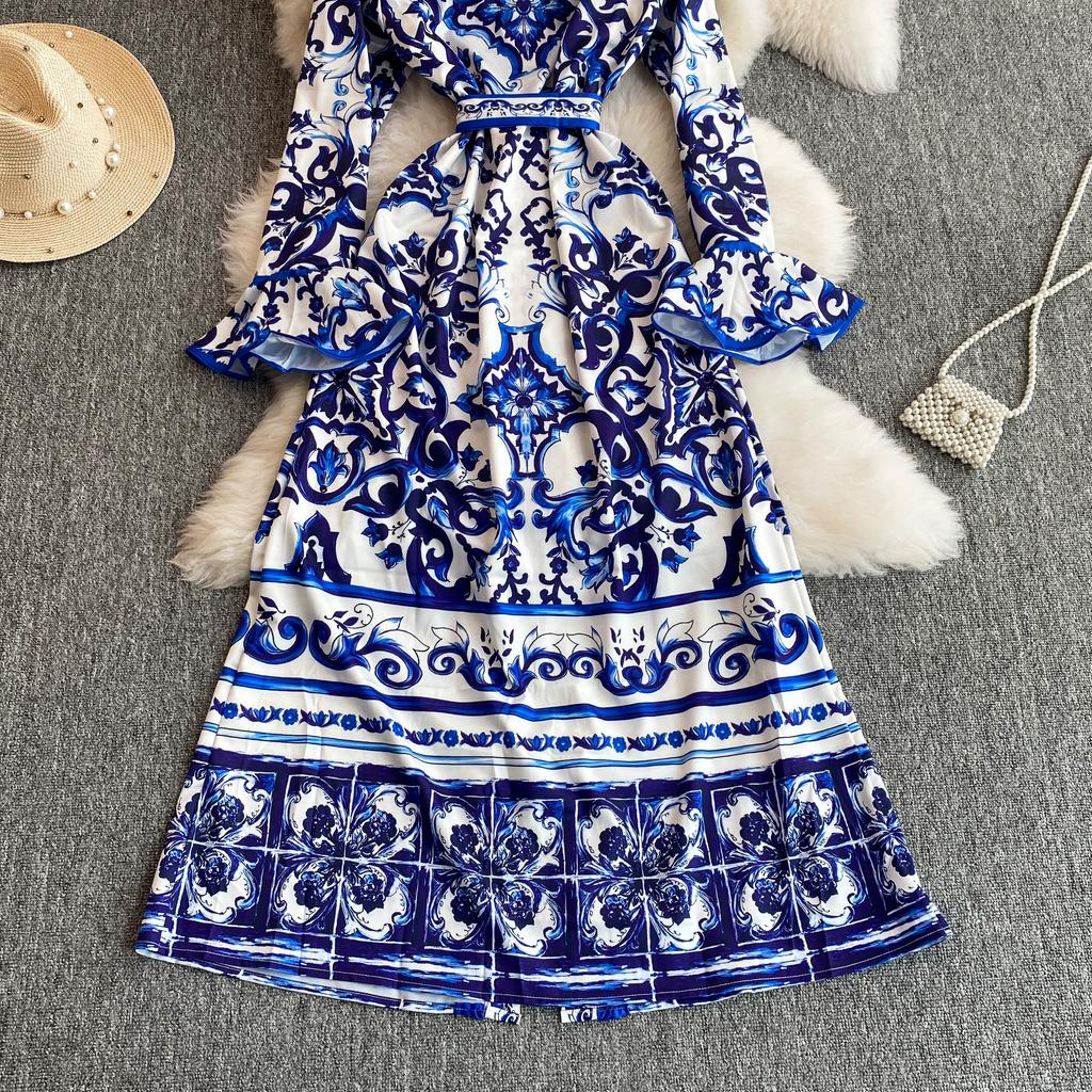 Весна-Осень, желтый, красный, синий и белый фарфоровый халат с принтом, женские вечерние платья с расклешенными рукавами и поясом на шнуровке