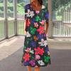 Women Summer Dress Floral Print O Neck Short Sleeve A-line Pockets Loose Hem Mid-calf Length Breathable Soft Casual Daily Midi Dress