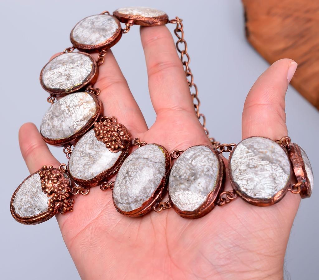 Friendship Day Deal Oval Fossil Coral Stone Copper Electroformed Chain Necklace V-86