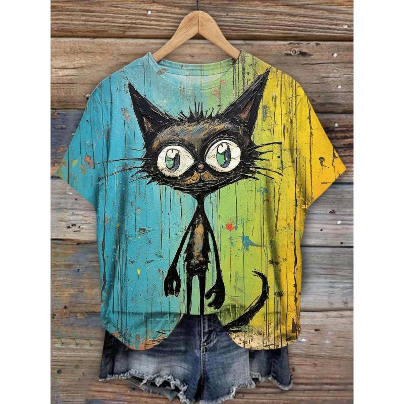 Летняя женская рубашка с принтом теленка, с круглым вырезом и короткими рукавами для поездок на работу, футболки женские