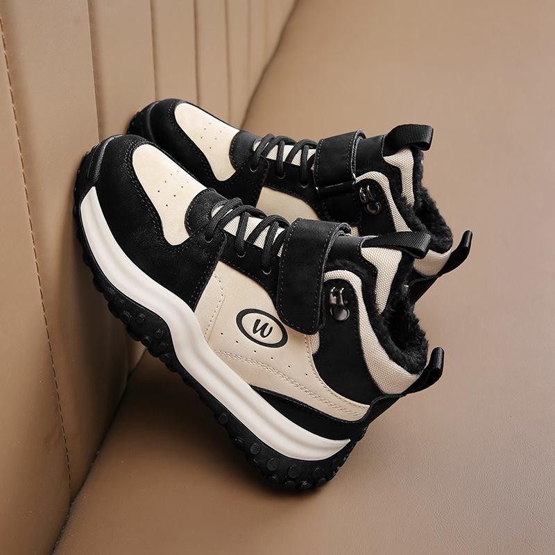 Осень и зима новые круглый носок бархатные теплые толстая подошва увеличивающие рост кожаные зимние ботинки дети среднего и старшего возраста студенты мужского и женского пола с