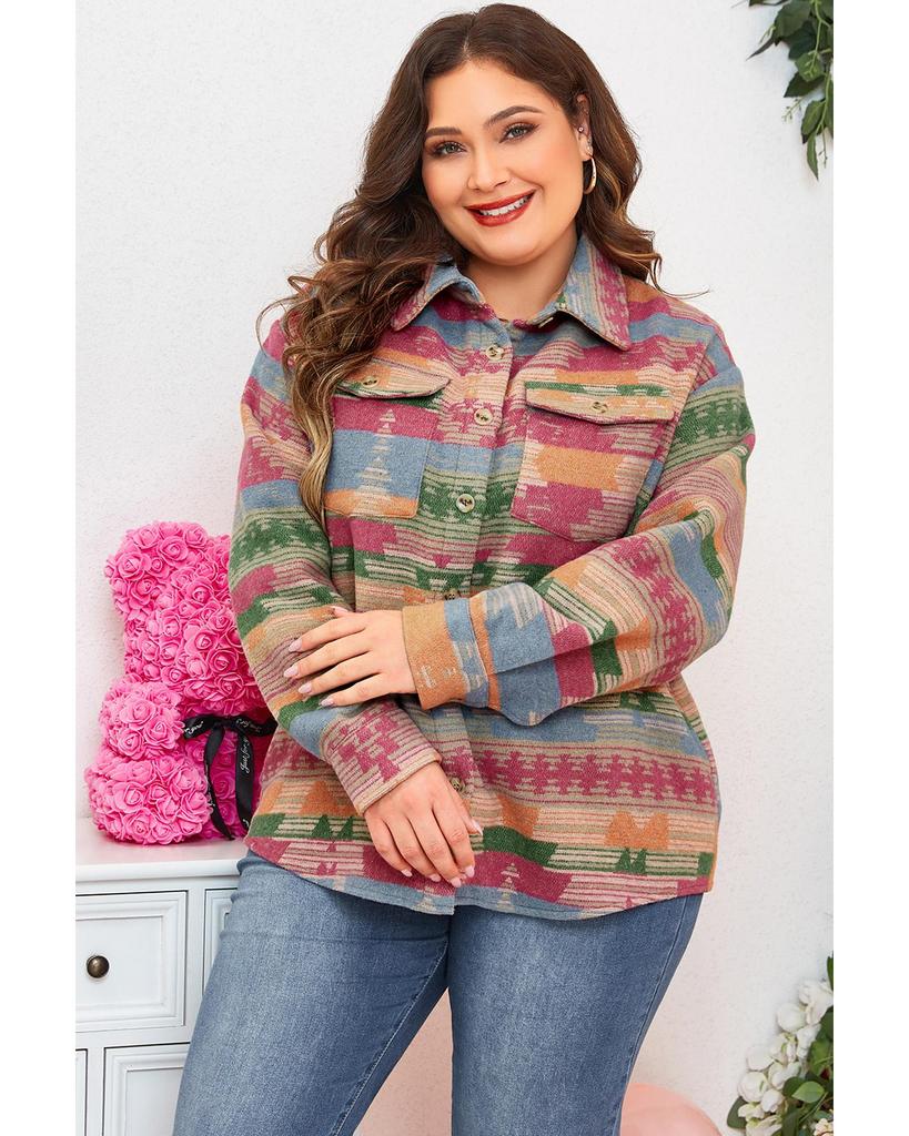 Azura Exchange Pink Plus Size Aztec Printed Flap Pocket Shacket