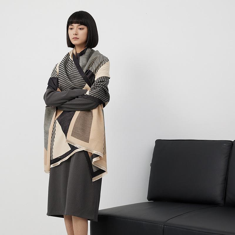 Autumn And Winter Cape Imitation Cashmere Air Conditioner Shawl Thickened Simple Warm Student Extended Plaid Double-Sided Scarf Female
