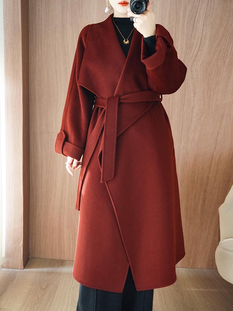 Women's Long Angora Red Double-Faced Cashmere Overcoat - 2025 Autumn/Winter Collection.