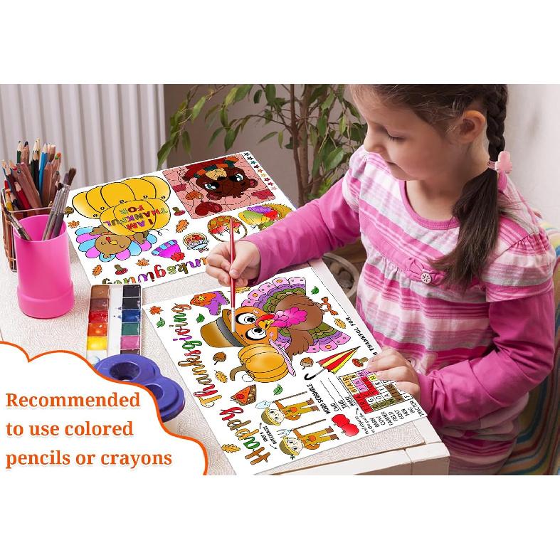 Thanksgiving Coloring Placemats for Kids - Set of 16 Turkey Table Mat Thanksgiving Disposable Paper Placemats Fall Harvest Thanks Giving Activities