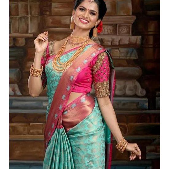 Индийское традиционное мягкое шелковое сари личи с жаккардовым плетением