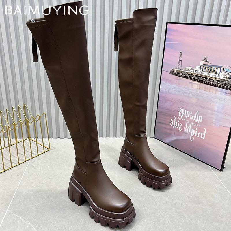 Кожаные толстые женские высокие сапоги на платформе, модные сапоги на высоком каблуке 2025 года, трендовые зимние готические туфли-гладиаторы, туфли-лодочки для мотоциклистов, женские сапоги