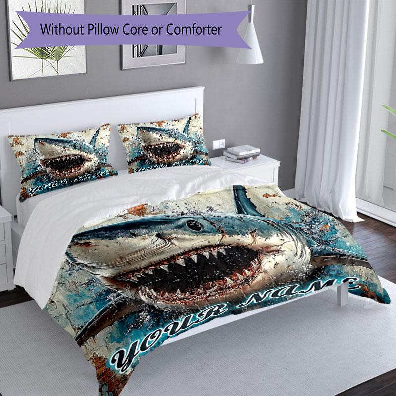 3PC Custom Name "Great White Shark Artwork" Bedding Set Duvet Cover Closure Includes 1 Duvet Cover & 2 Pillowcases for Bedroom