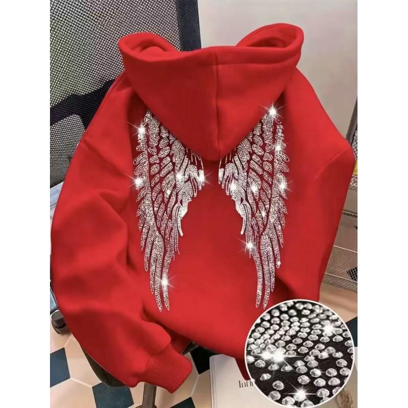 2026 Trendy Hoodie Loose Fit Rhinestone Wings Sweatshirt Casual Streetwear Teens Youth