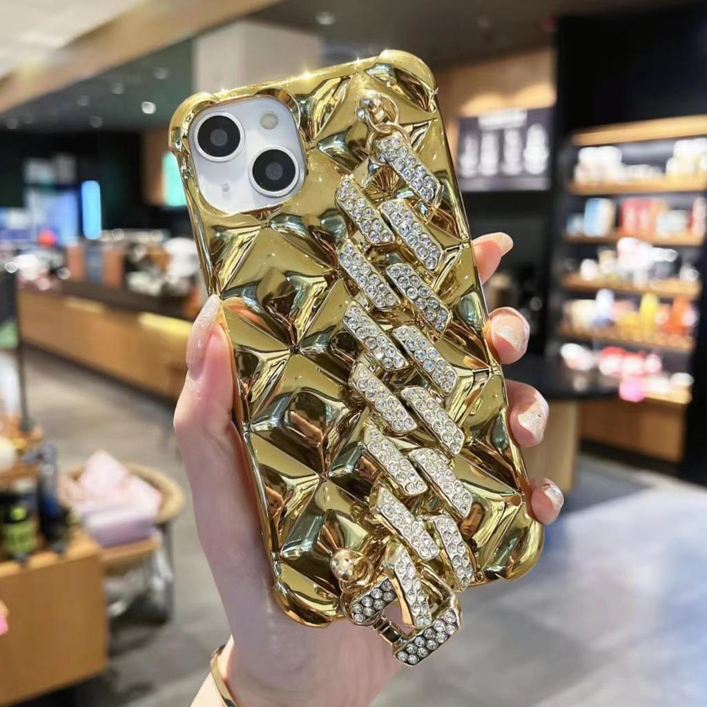 Luxury Gold Plating Rhombic Diamond Strap Mobile Phone Case for iPhone 17 Pro Glittering Wristband Phone Cases