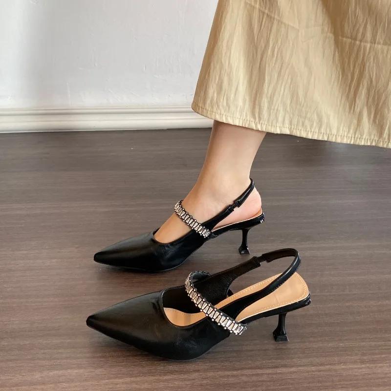 Женская обувь 2025 Новые летние туфли-лодочки с острым носком на шпильке, женские сандалии с ремешком на пряжке, модные стразовые вечерние сандалии для женщин