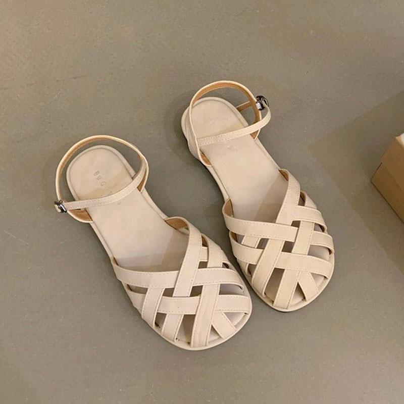 Сандалии женские 2024 новые летние модные французские мягкие кожаные плетеные плоские повседневные ретро-туфли Baotou Casual Sandalias De Mujer