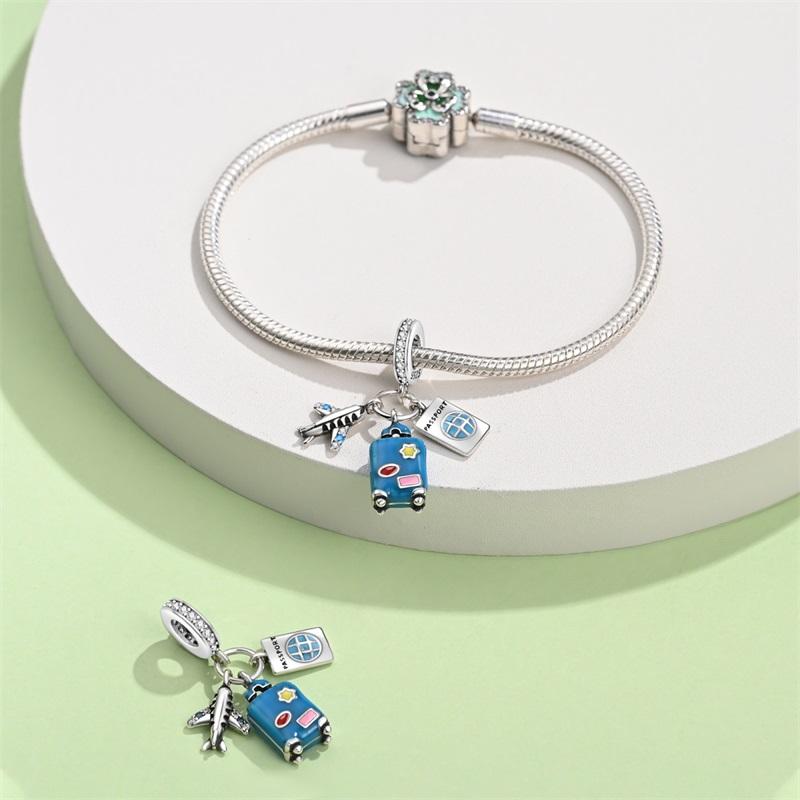 S925 Silver Airplane Travel Case Global Travel Series Charms Beads Fit Pan Bracelets DIY Fine Souvenir Jewelry