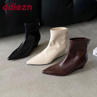 Модные женские ботильоны на танкетке с острым носком, современные, эластичные, короткие, стрейч, на молнии