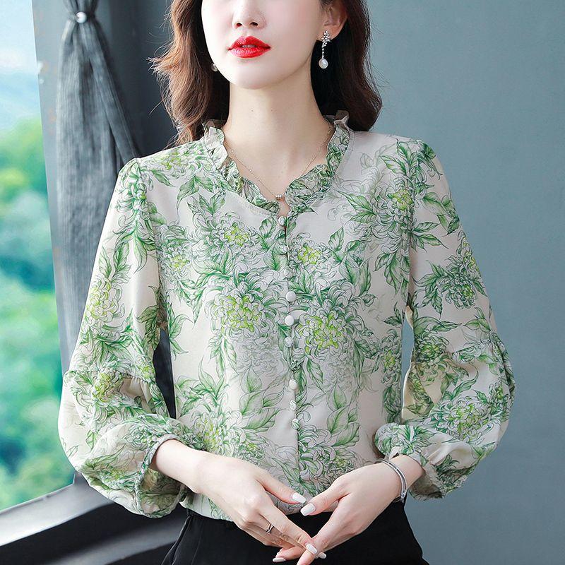 Fashion Ruffle Floral Print Chic Sweet Chiffon Shirt Spring Autumn New Women's Casual Lantern Long Sleeve Top Blouse Blusas
